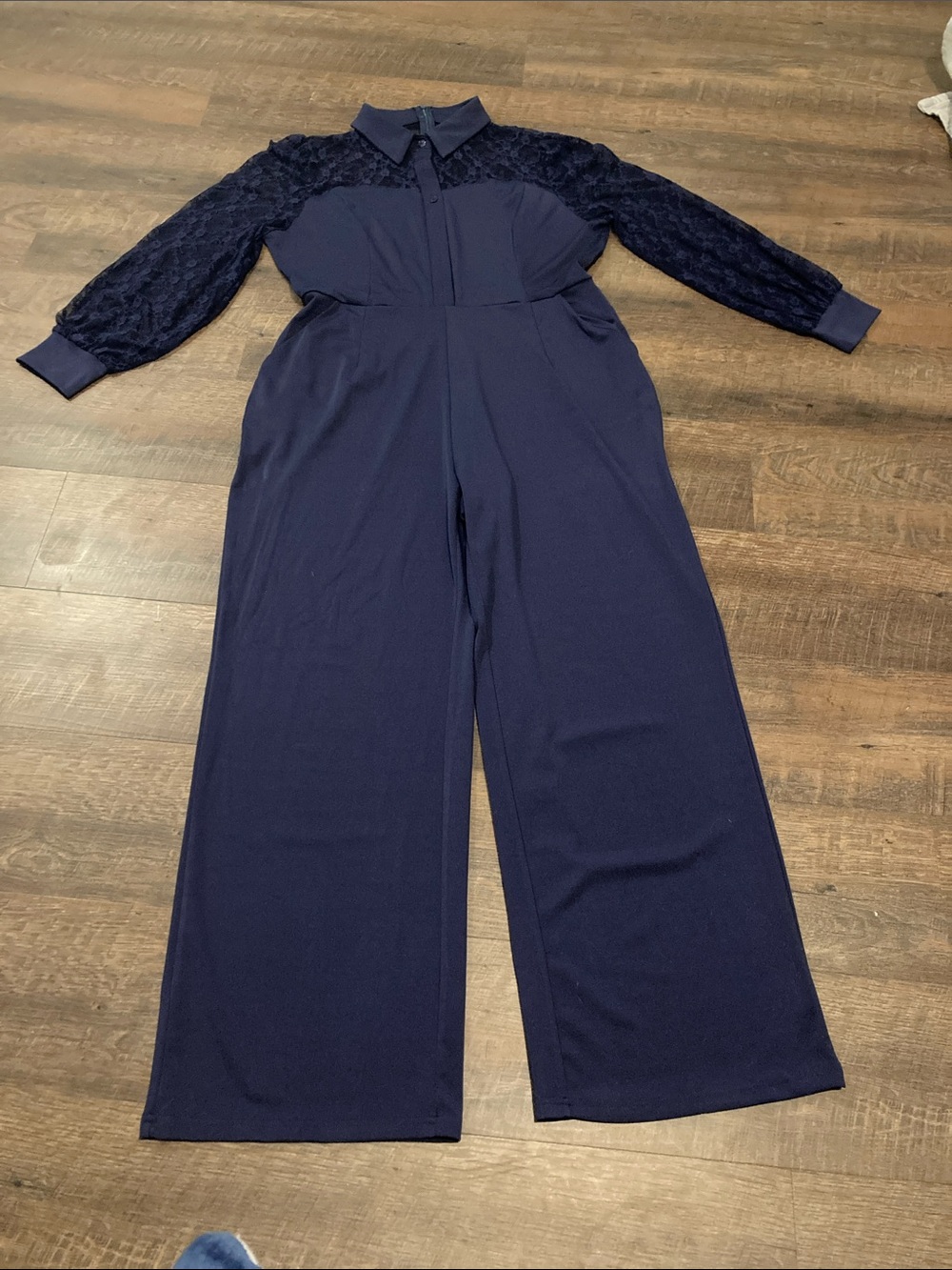 Navy Lace-Sleeve Jumpsuit